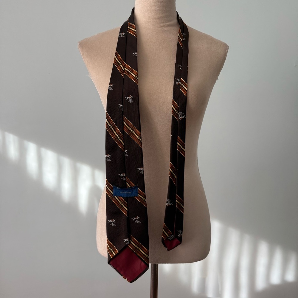 🐎 Vintage 1970s JCPenney Equestrian Wide Necktie Brown Plaid Horse Motif - Picture 5 of 7